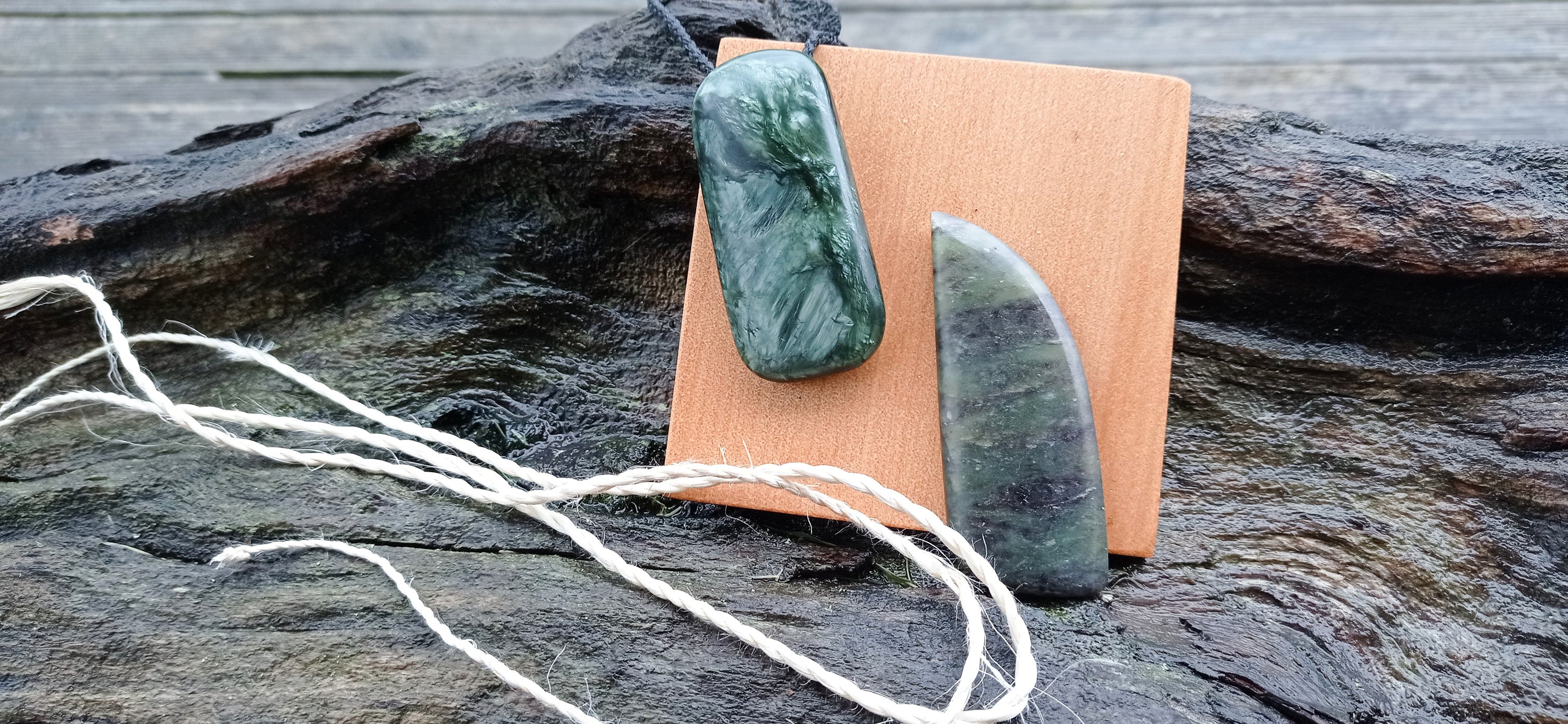 Taiao Pēpi Pack Special.  This consists of Pounamu Cutter and wooden board.  Muka Pito Tie and baby's first teething pounamu
