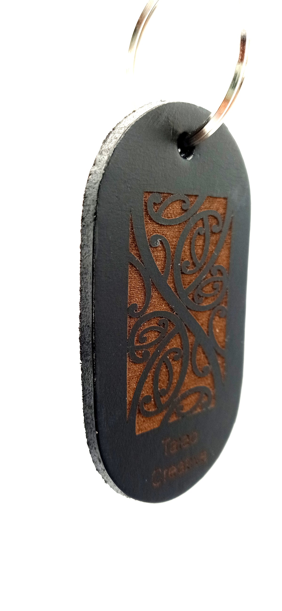 Maori Designed Leather Key Ring (Black Kowhaiwhai)