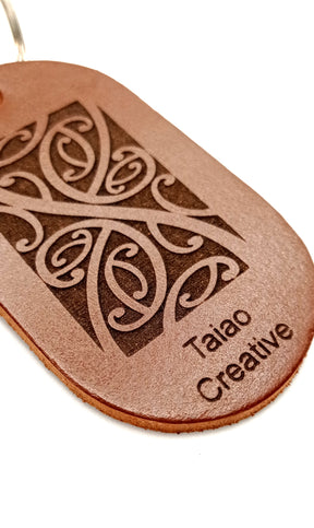 Maori Designed Leather Key Ring Tan Kowhaiwhai