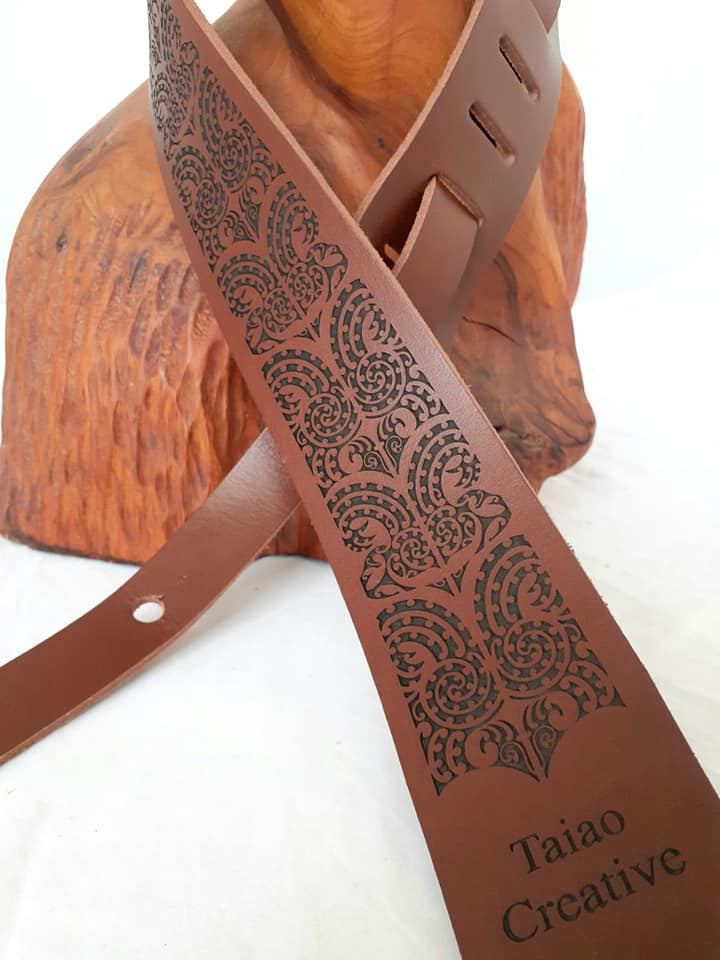 Maori Designed Leather Guitar Strap Tan 1