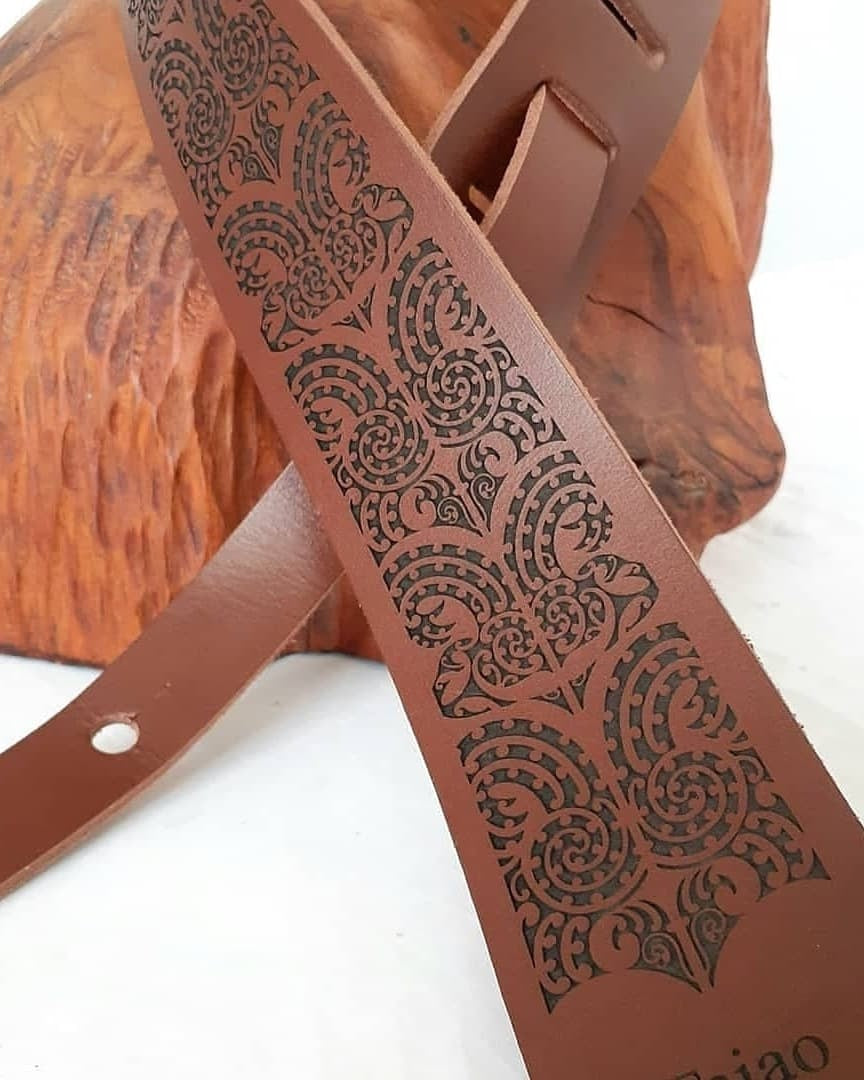 Maori Designed Leather Guitar Strap Tan 2